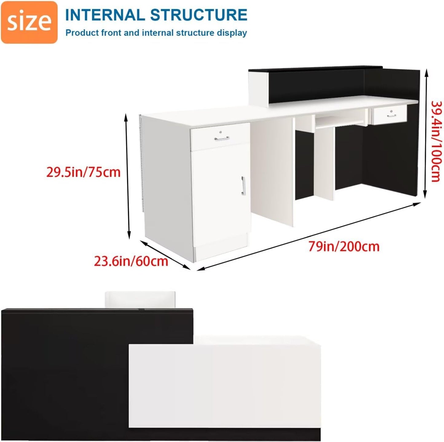 Reception Desk with Counter Modern Checkout Counter with Lockable Drawer Keyboard Tray Receptionist Desk for Office Salon Reception Table H Right 79inch/200cm