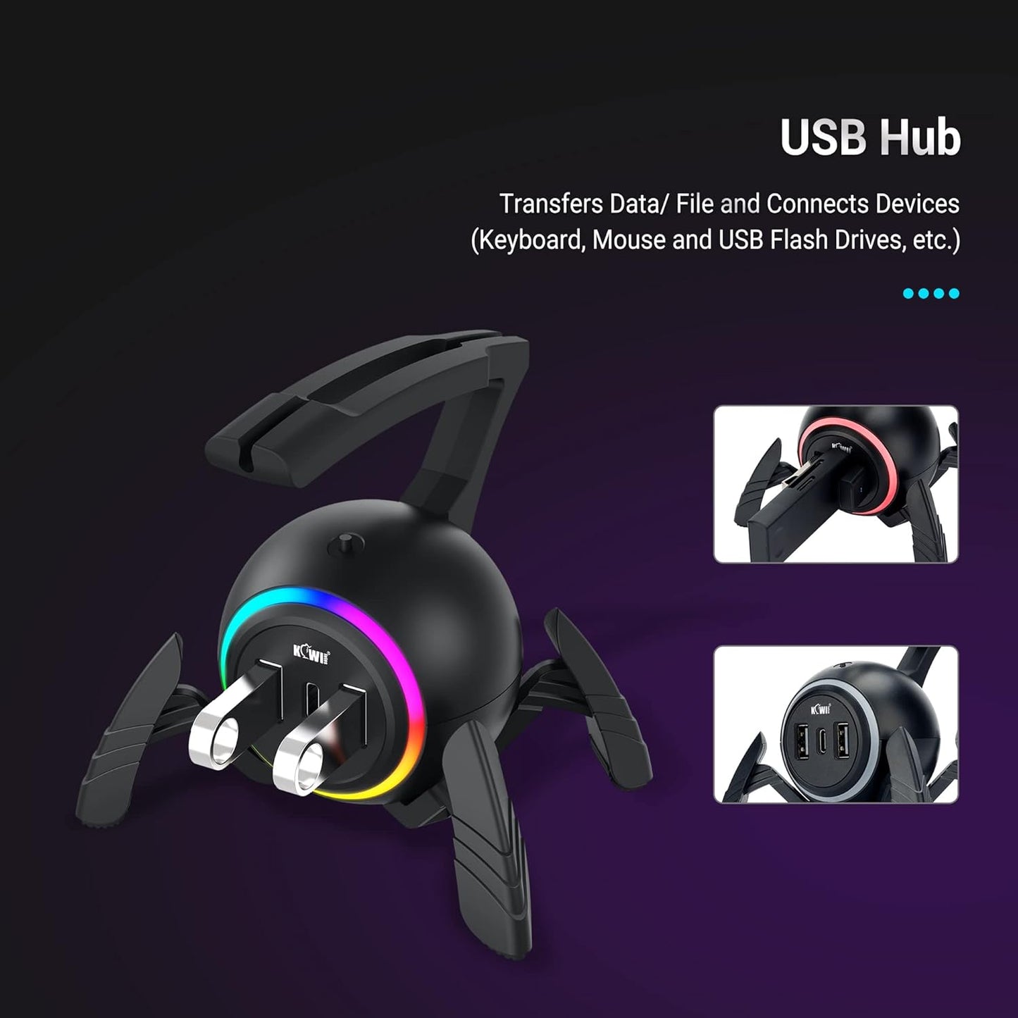 KIWIFOTOS Mouse Bungee RGB Gaming Mouse Cord Holder Controller, Upgraded Flexible Cable Management Smart RGB LED Lights 2 Port USB Hub & 1 Type-C, Spider Mouse Wire Holder