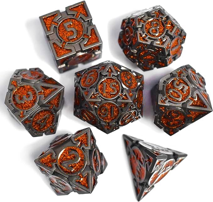 RULE DICE DND Metal Dice Set, Dungeons and Dragons D&D Dice Set, 7 die Metal DND Polyhedral Orange Dice Sets with Gift Box, MTG PRG D and D Dice for Role Playing Multiplayer Games