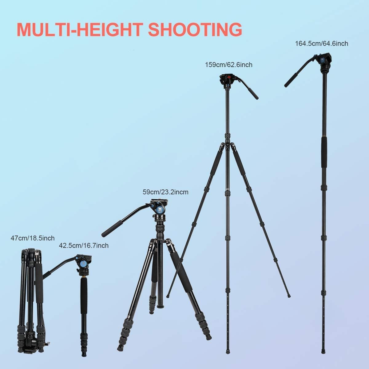 SIRUI Aluminum Camera Tripod Monopod with VA-5 Fluid Pan Head, 62.6″Heavy Duty Tripod Kit for DSRL, Binocular, Spotting Scope, Quick Release Plate, 1/4" 3/8" Screws, Payload 6.6lbs -Traveler VA