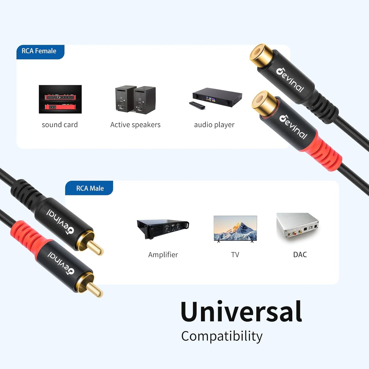 Devinal RCA Female to Male Extension Cable - Premium Audio Extender Cord for High Sound Quality & Durability, Compatible with Home Theater, TV, Soundbar - 10ft/3m