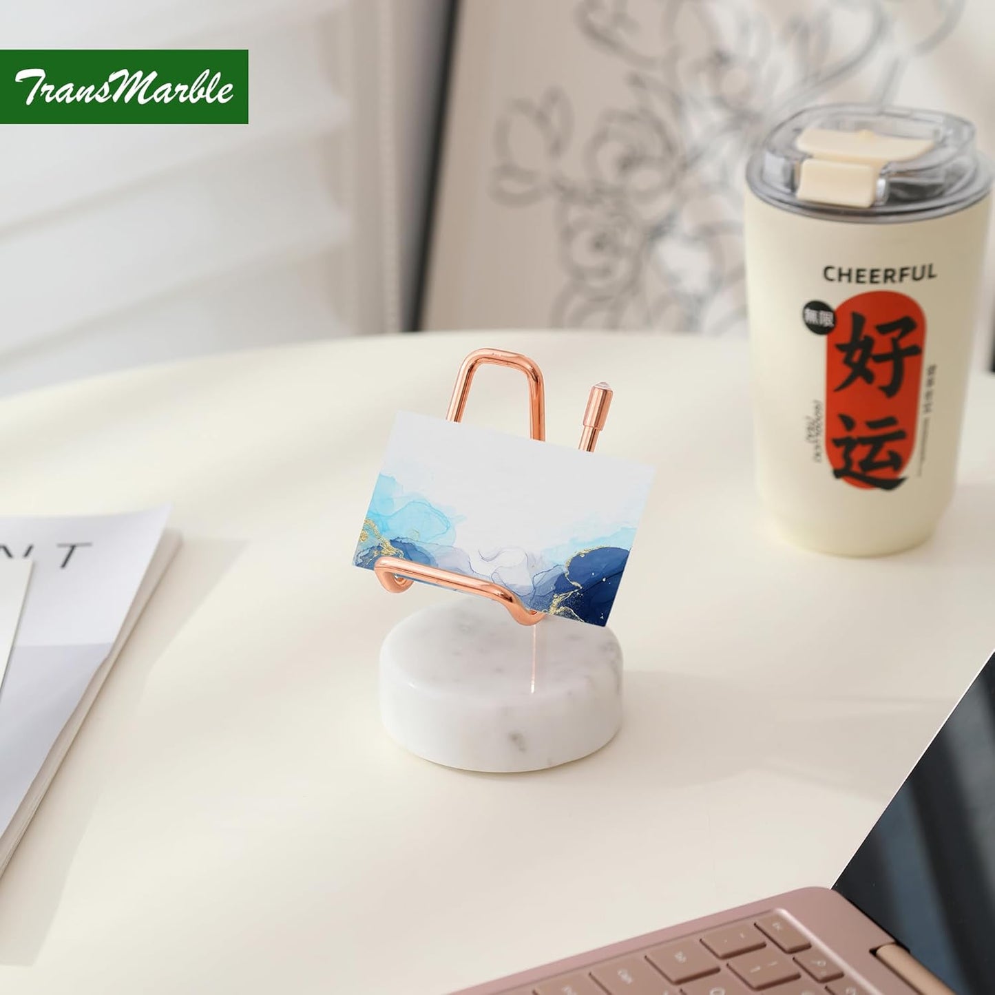 Marble Phone Stand with Metal Holder, Charging Available While Using, Swipe Up to Unlock, Made of Natural Marble as Business Card Holder for Office Desk (Starry White + Rose Gold)