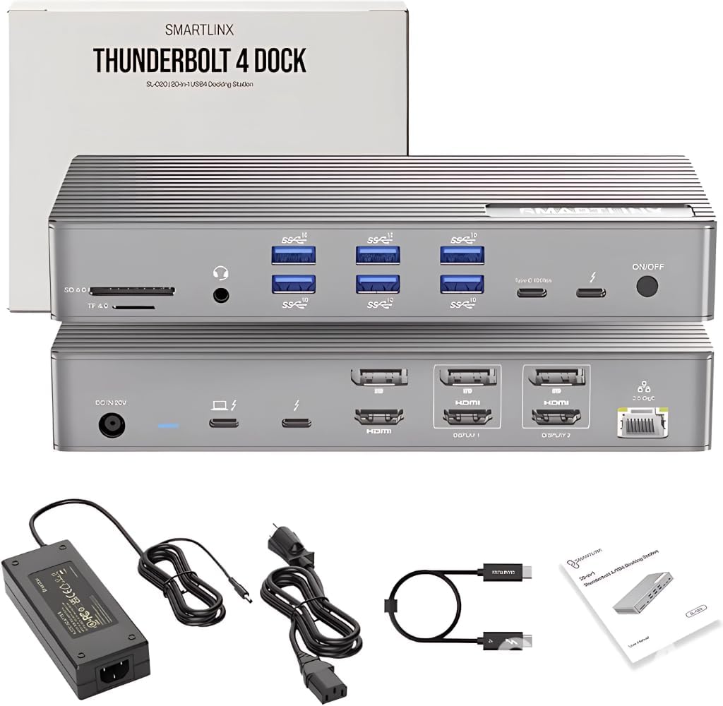 Thunderbolt 4 Dock with DisplayLink - USB-C/A MacBook Docking Station, Chrome, Windows 10/11 Compatible - 21 Ports, Dual/Triple/Quad/5 Monitor Support - 40Gbps, 150W Charging, 8K/4K Display
