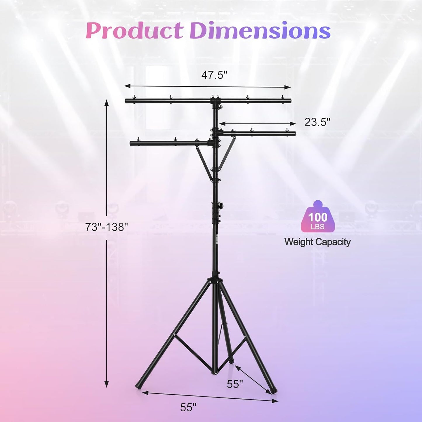 S AFSTAR Pro Audio Tripod, Multi Arm Tripod w/ 6.1-11.5 FT Adjustable Height, Portable T Bar Lighting Stand w/ 100 LBS Capacity, DJ Lighting Stand Suitable for Stage Bar Banquet Party