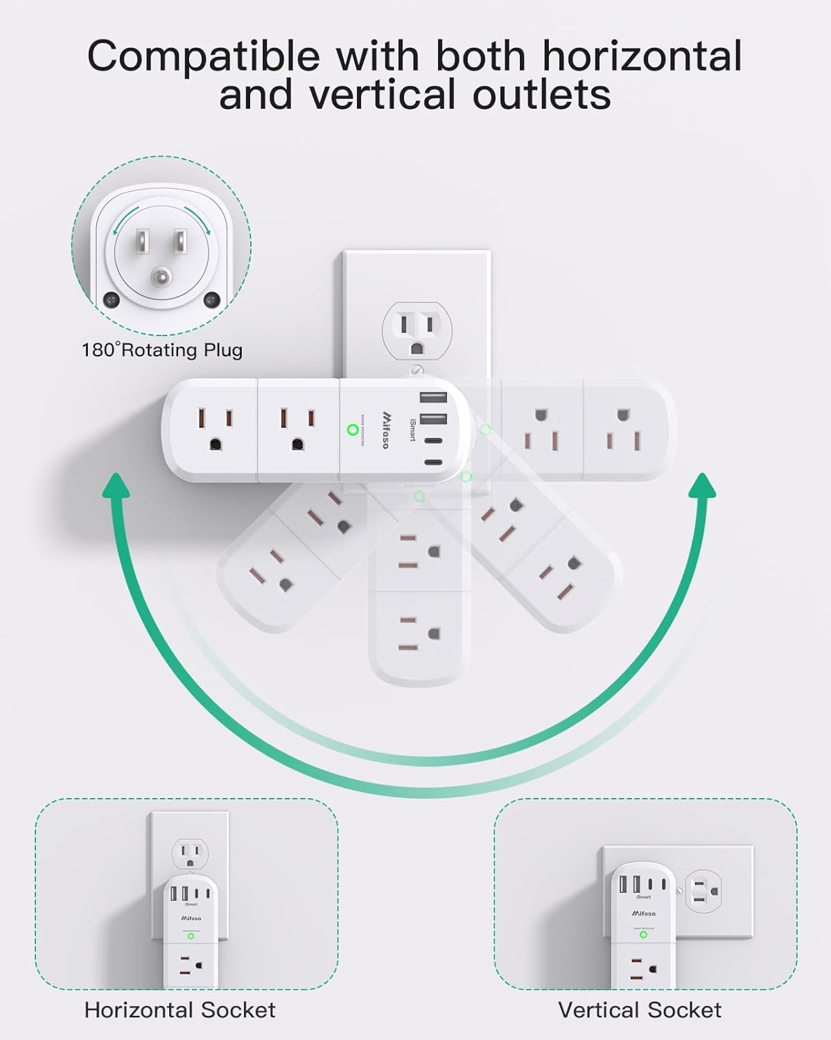 Surge Protector Outlet Extender with Rotating Plug, 6 AC Multi Plug Wall Outlets and 4 USB Ports, 1800 Joules, Swivel Power Strip Electrical Splitter for Home Decor Apartment Dorm Room Essentials