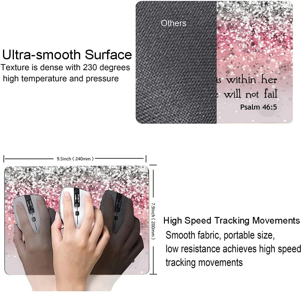 Mouse Pad, Bible Verse Pink Sparkles Glitter Mouse pad, Square Waterproof Mouse Pad Non-Slip Rubber Base MousePads for Office Laptop, (Psalm 46:5 God is Within Her,She Will not Fall)