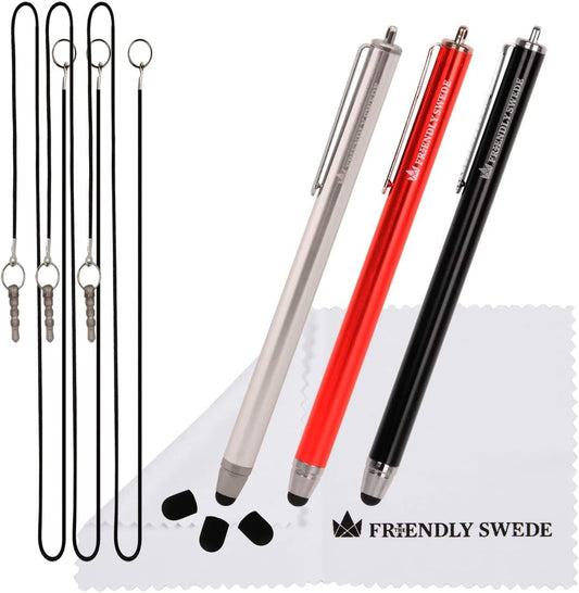The Friendly Swede Stylus Pen for Touchscreen — 3-Pack 5.5" High Precision Stylus Pen with Replaceable Thin Tips, Elastic Lanyards & Screen Cleaning Cloth - Red/Black/Silver