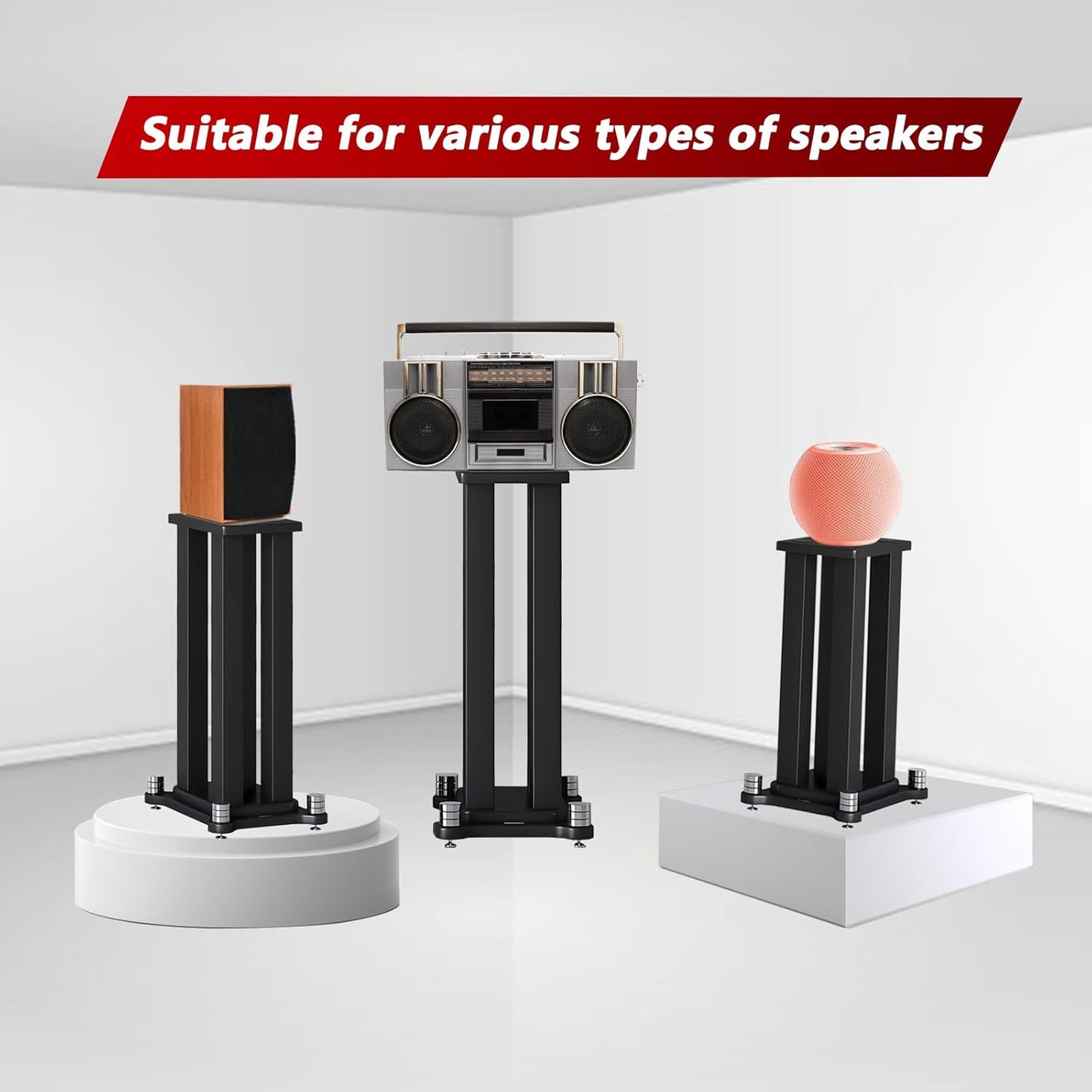 A Pair of Universal Speaker Stands, Heavy Duty Speaker Stands Holds Bookshelf Speaker Satellite Speaker Large Speaker, Vibration-Absorbing MDF Design, Holds 88lbs Speaker (Black, 60cm/23.6in)