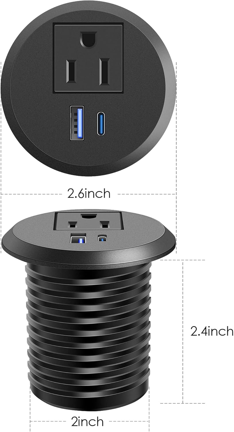 2 inch Desktop Power Grommet with PD 20W USB C,Ultra Thin Flat Plug Power Strip,Recessed Outlet,Slim Outlet Extender for Office,Table Outlets for Home, Office,6 ft Cable(Black)