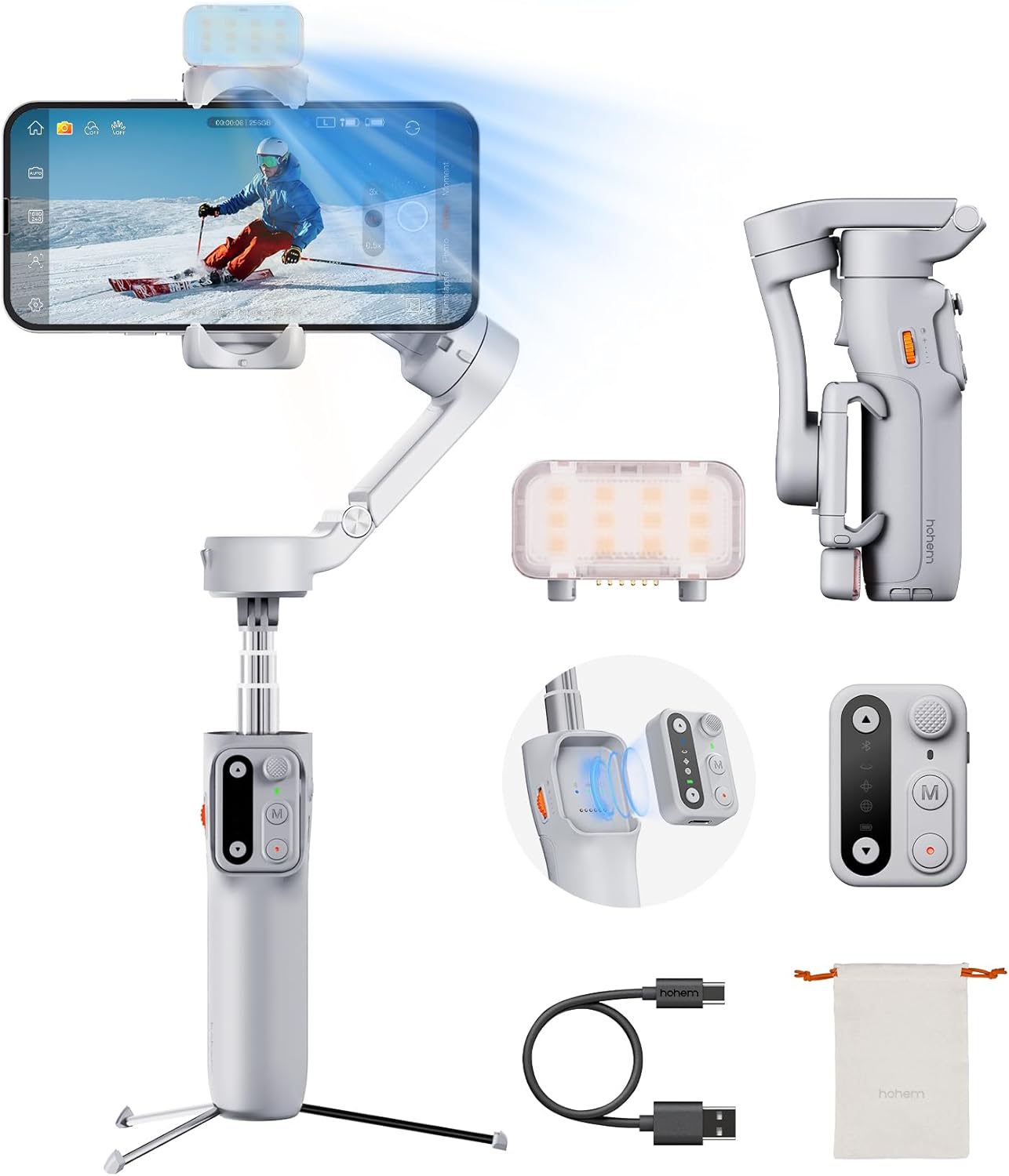 Hohem iSteady X3 Gimbal Stabilizer for iPhone, Foldable Phone Gimbal Object Tracking, Remote Control, 3-Axis Phone Stabilizer Built-in Extendable Rod & Tripod, Fill Light for Video Recording, YouTube