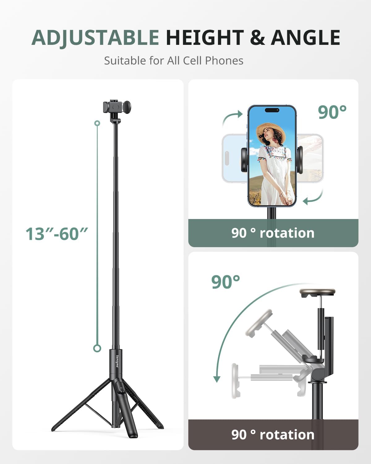 Sensyne 60" Phone Tripod - Selfie Stick, Lightweight All in One Phone Tripod Integrated with Wireless Remote Compatible with All Cell Phones for Selfie/Video Recording/Photo/Live Stream/Vlog（Black）