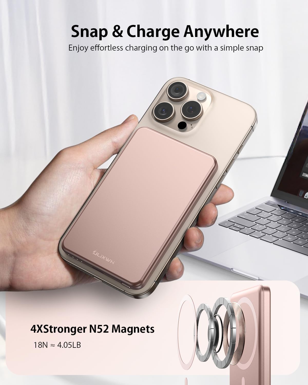 [0.3" Ultra Slim] [Alloy-Made] ULiXWH for Magsafe Portable Charger for iPhone, 2025 Upgrade 5000mAh Fast Charging Magnetic Power Bank, Wireless Battery Pack for iPhone 16 15 Pro Max 14 13 12, Pink