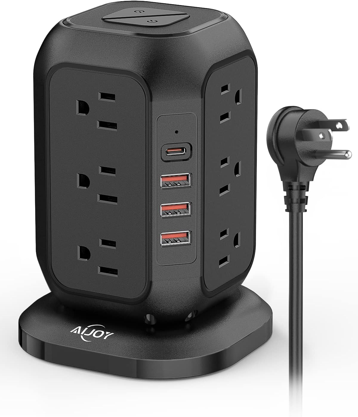 AiJoy Power Strip Tower Surge Protector with 12 AC Outlets, 3 USB-A & 1 USB-C Ports, 10 FT Extension Cord, Charging Station with Overload Protection, for Home Office Dorm Living Room