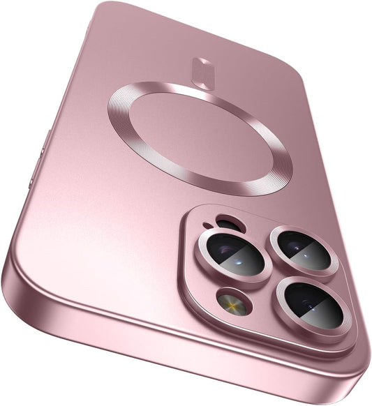 Magnetic for iPhone 16 Pro Max Case [Compatible with MagSafe][Built-in Camera Lens Protector] Slim Soft Silicone Bumper Shockproof Metallic Luster Phone Case (Rose Gold)