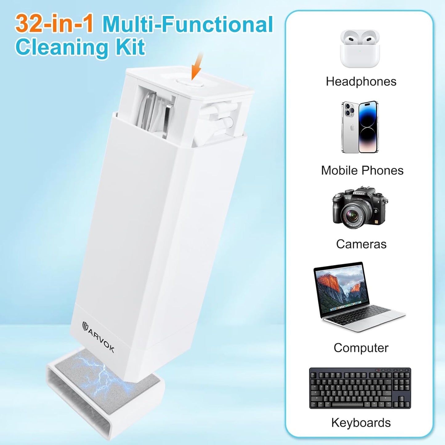ARVOK Phone and Laptop Cleaning Kit, 32 in 1 Computer Laptop Cleaner Kit, Multi-Function Electronic Cleaner Kit for Earbuds, Cellphones, Keyboard, Screens, Camera Lens, Chargers, Electronics Devices