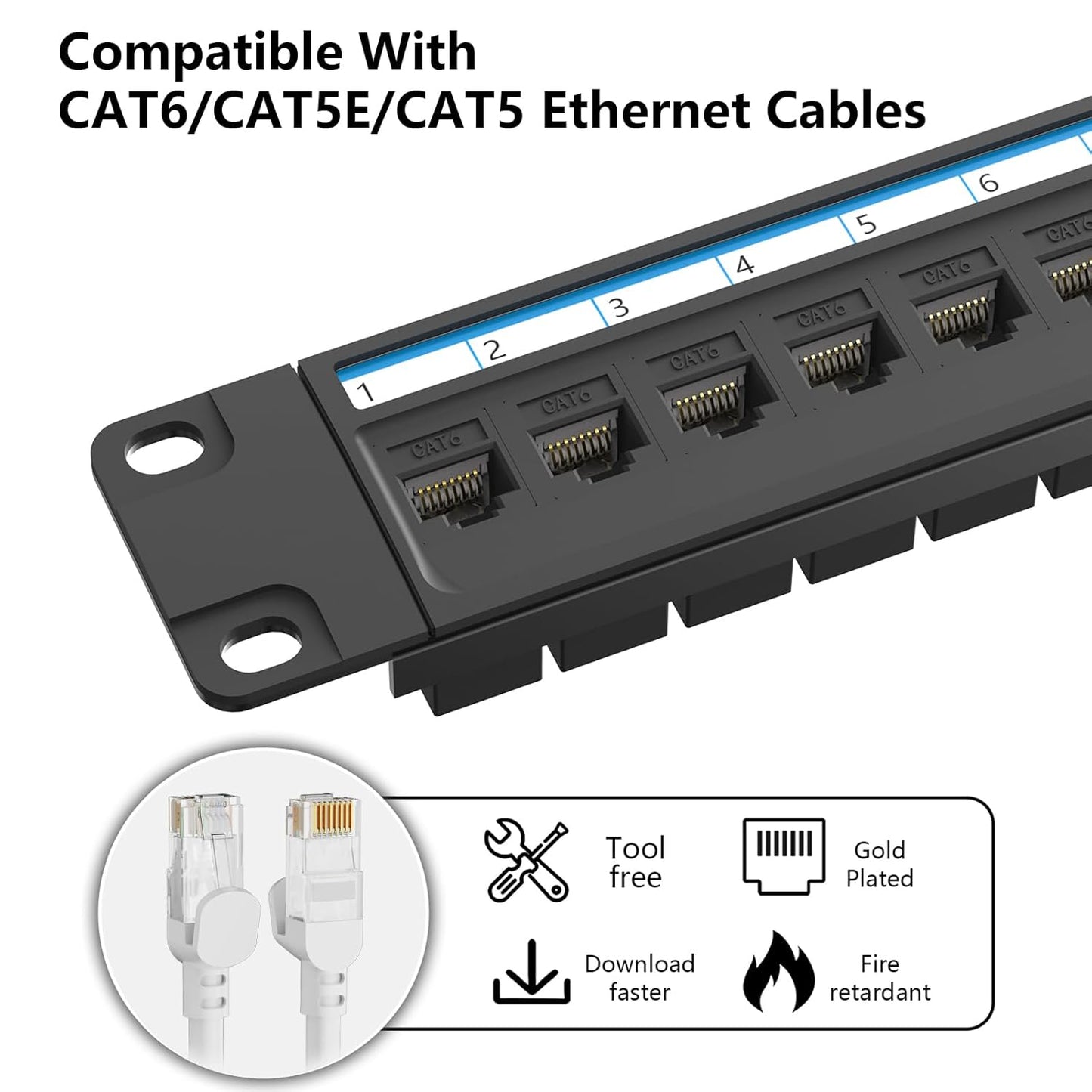 Jadaol 24 Port Patch Panel Rackmount or Wall Mount 19-Inch, 1U Cat6 Network Panel Preloaded with 24 Keystone Couplers plus 1 Spare, 10Gbps Ethernet Patch Panel with Cable Management & Back Support Bar