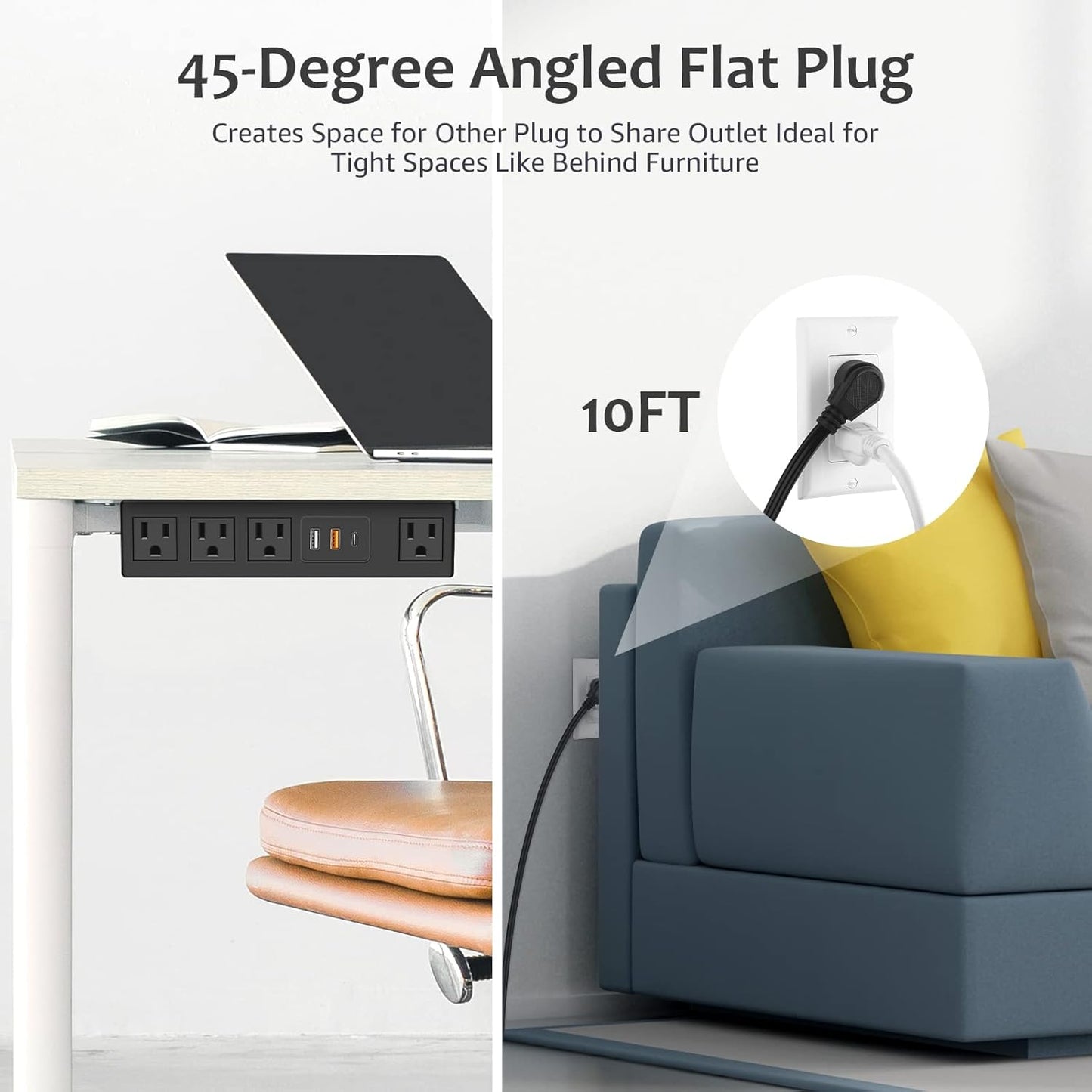 HHSOET Under Desk Power Strip with 3M Adhesive, Removable Under Desktop Mount Plug with Fast Charging USB C and USB A Ports, 4 Outlet Under Table Surge Protector 1200J, 10FT Extension Cord. (Black)