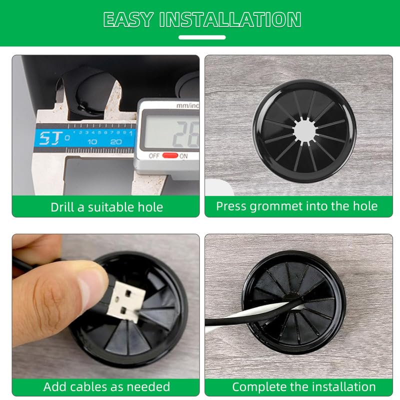 4PCS Cable Grommets, 2-1/2"(63mm) Desk Hole Cover Petal Shaped Buckle Type Nylon Snap Bushing Grommet, Wire Hole Cover Insert for Cables and Cords Management and Protection of Cabinet, Black