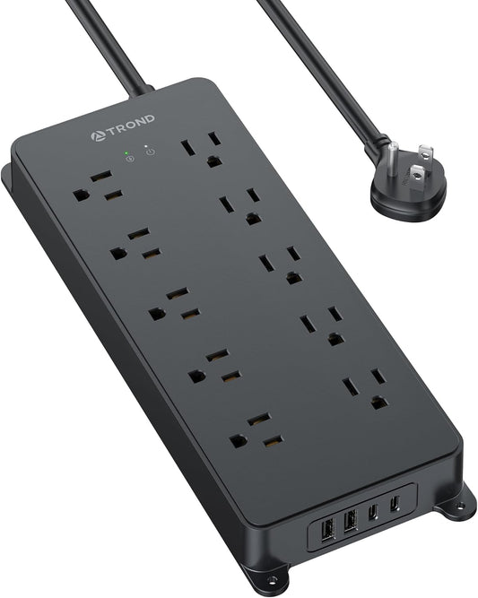 TROND Power Strip Surge Protector, 4000J, ETL Listed, 10 Widely Spaced Outlets with 2 USB A and 2 USB C, Flat Plug 5ft Extension Cord, Wall Mountable, 14AWG Heavy Duty, for Home Office Garage, Black
