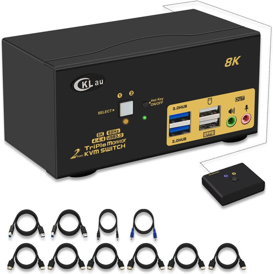 CKLau 2 Port USB 3.0 Triple Monitor KVM Switch HDMI 2.1 8K@60Hz 4K@144Hz with Audio and All Input Cable for 2 Computers 3 Monitors Supports Hotkey Switching