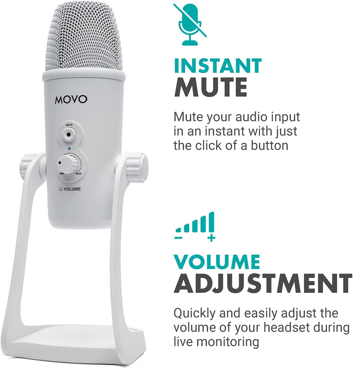 Movo UM700W White Desktop USB Microphone for Computer - Studio Mic with 4 Pickup Patterns - USB Gaming Microphone for PC, Mac, and Android - Best Mic for Podcast Recording and Streaming Setup