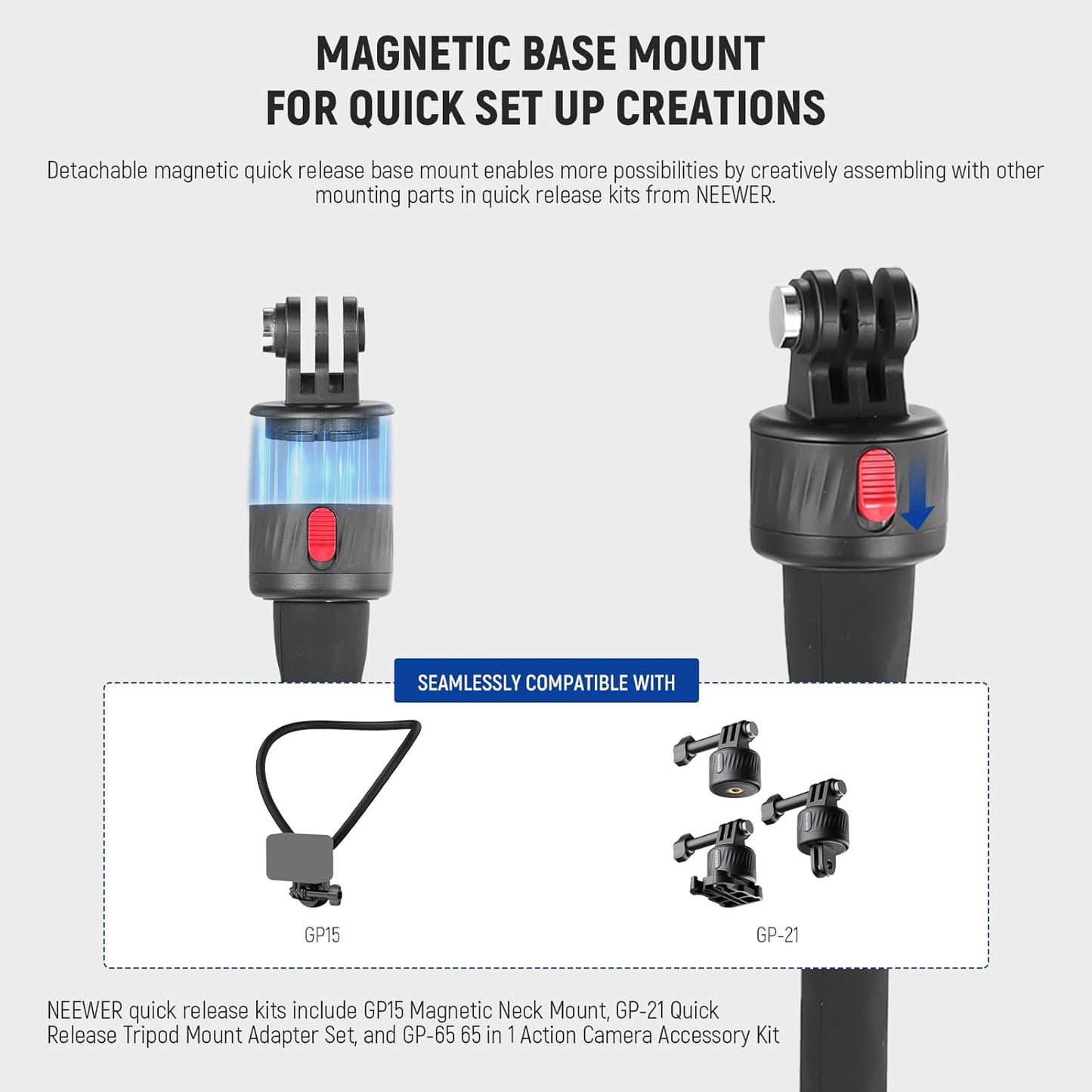 NEEWER Flexible Phone Holder with Magnetic Quick Release Camera Mount Compatible with Insta360 DJI Action 4 iPhone, Bendable Selfie Stick for Shopping Cart/Stroller/Treadmill/Gym, GP-17