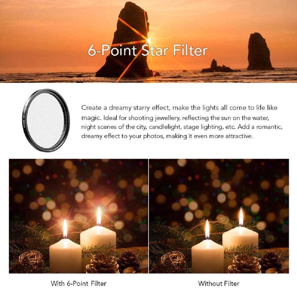 52mm Phone Camera Lens Kit Graduated Color Filter Accessory Kit - Four Color Lens, Star, CPL Filter, ND32 Filter Compatible with iPhone 15 14 Pro Max 13 12 11 & Canon Nikon Sony Cameras