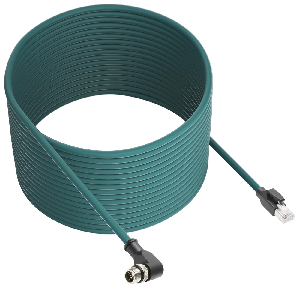 Alvin's Cables M12 X-Code 8 Pin Male to RJ45 Ethernet Cable for Cognex Keyence Camera, High-Flex Cat6a Cable for Industrial Automation, Fieldbus Module, Robotics, Right Angle 65.6ft/20m Green