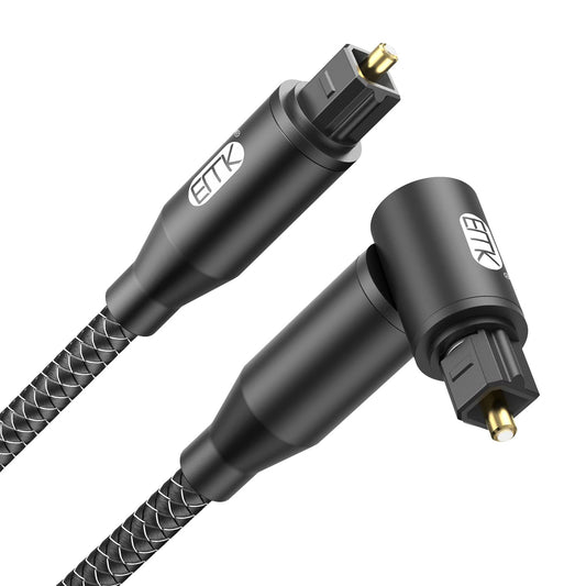 EMK 90 Degree Right Angle Optical Audio Cable [14ft/4.6M] - 360° Rotatable Digital Toslink SPDIF Cable for Soundbar to TV, Home Theater - Black Fiber Optic Cable with Angled Connector