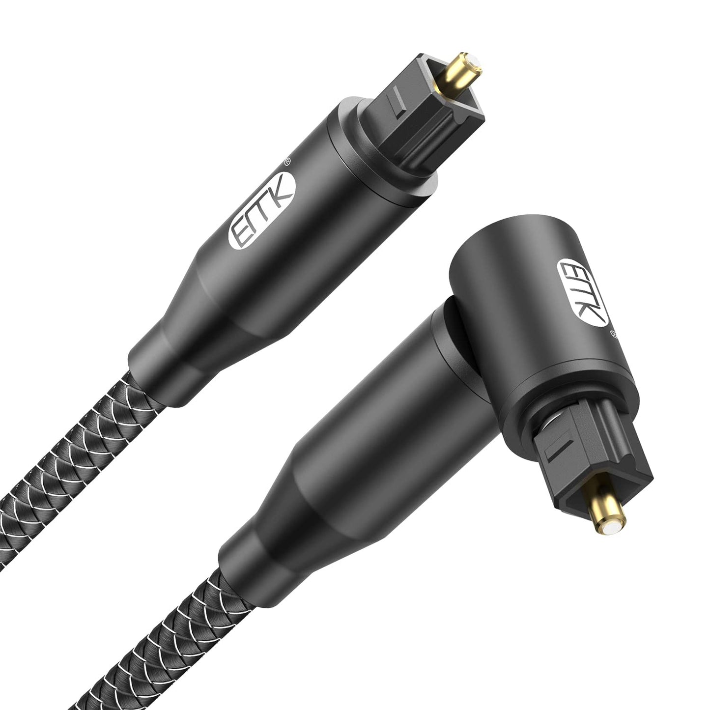 EMK 90 Degree Right Angle Optical Audio Cable [1.5ft/0.5M] - 360° Rotatable Digital Toslink SPDIF Cable for Soundbar to TV, Home Theater - Black Fiber Optic Cable with Angled Connector