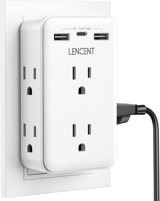 LENCENT 2 to 3 Prong Outlet Adapter, 2 Prong Power Strip with 6 AC Sockets 3 USB Ports(1 USB C), 3-Sided Wall Plug Splitter, 1875W Max, Compact Adapter for Non-Grounded Outlets in Old Houses