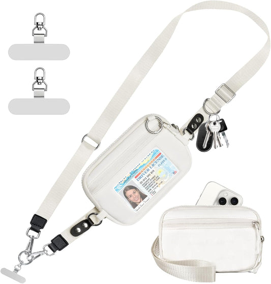 Clip and Go Strap for Phone with Wallet Crossbody Phone Lanyard Adjustable and Detachable RFID Wristlet Wallet with ID Window and Zipper, Cream(L)