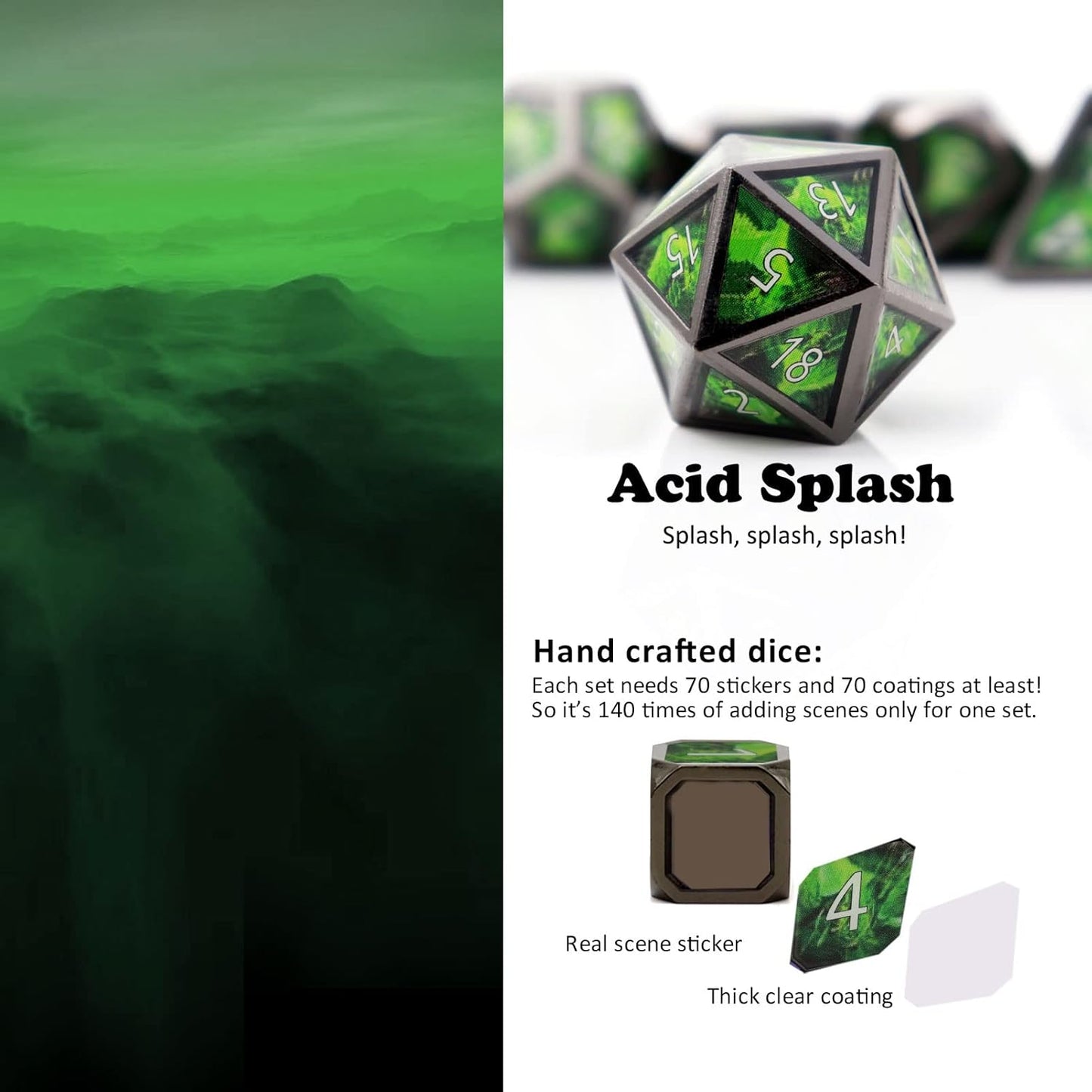 Haxtec Metal Dice Set D&D Acid Splash Real Scene Black Green Polyhedral DND Dice W/PU Leather Dragon Eye Dice Bag for TTRPG Compatible with Dungeons and Dragons Gifts