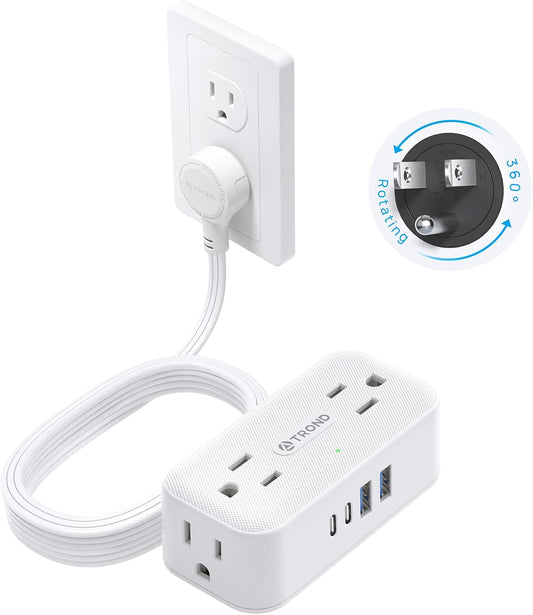 TROND 360° Rotating Flat Plug Power Strip, 10FT Extension Cord with 4 USB Ports, 4 Wide Spaced AC Outlets, Wall Mount, Surge Protector Power Strip for Office Travel Dorm Room Essentials, White