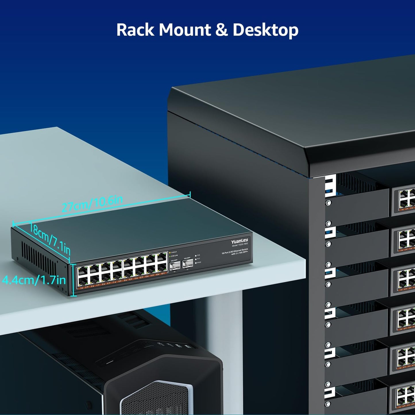 18 Port 2.5G Umanaged Ethernet Switch, 16 x 2.5Gb Base-T Ports, 2 x 10G SFP+, Compatible with 100/1000/2500Mbps, Metal Fanless, Desktop/Rack Mount YuanLey 2.5Gbe Network Switch for Wireless AP, PC