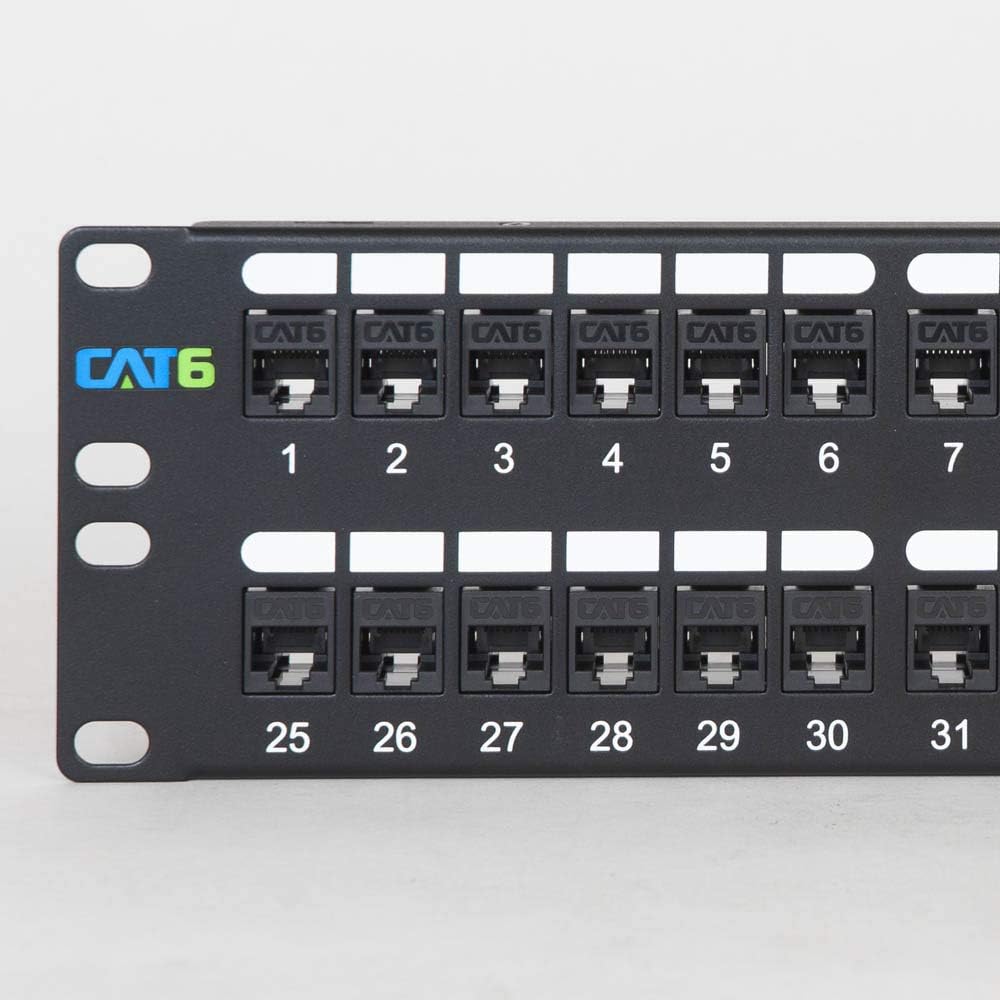 ICC CAT6 Feed-Through Patch Panel, 48 Port, 2U Rackmount, RJ45 Ethernet Patch Panel, No Punch Down, PoE++ and TAA Compliant, Black