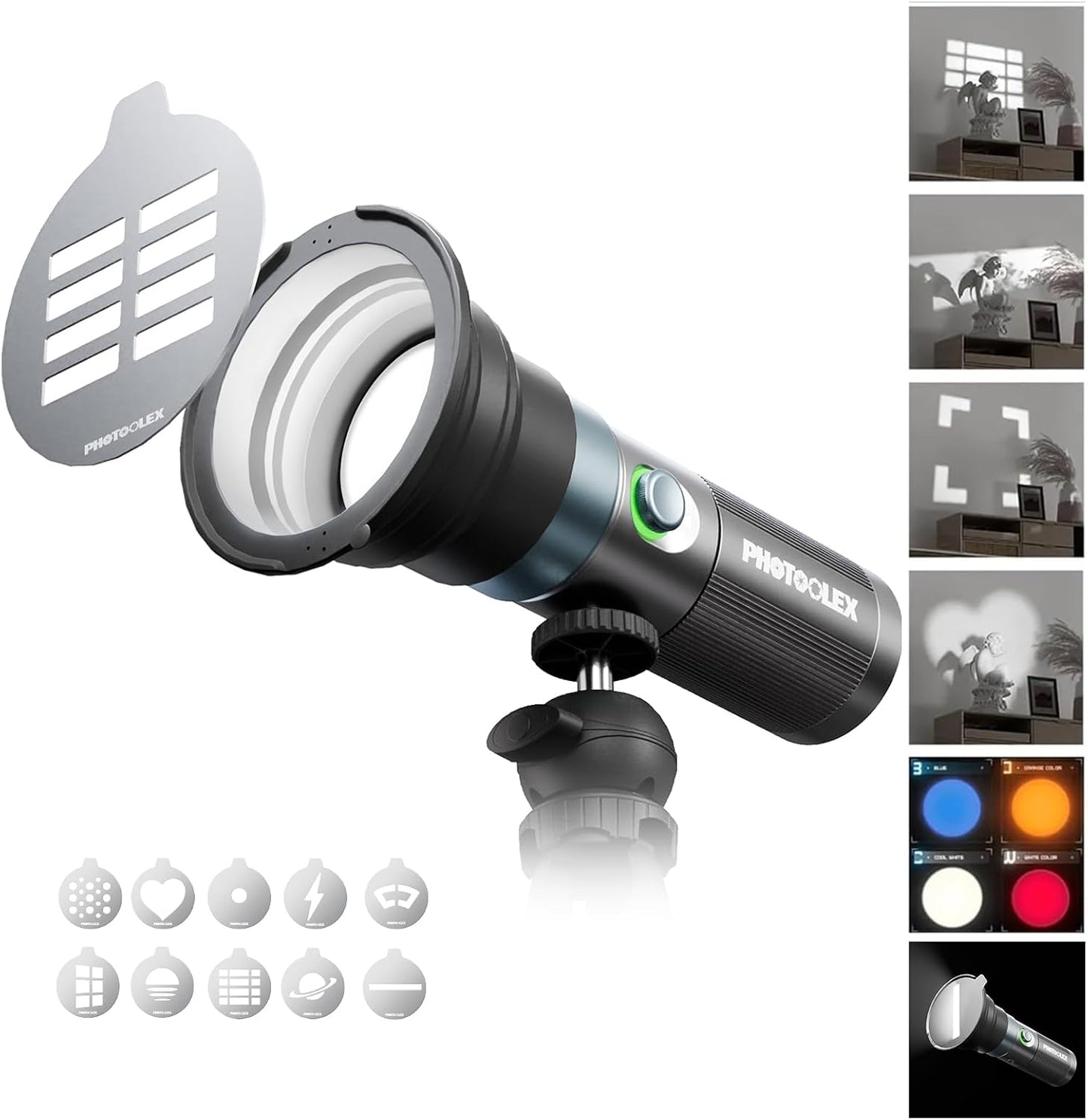 PHOTOOLEX 8400mAh Led Photography Flashlight with 4 Colors/10 Magnetic Pattern Gobos, Handheld Spotlight for Photography, 10W Rechargeable Fill Light for Photo, Content Creation, Video Recording