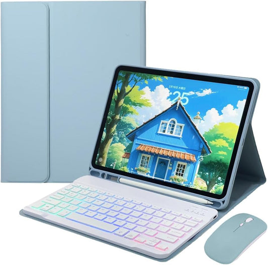 for iPad 9.7 inch 6th/5th Generation, Air 2, Air, iPad Pro 9.7 Keyboard Case with Mouse and Rainbow Backlit Detachable Bluetooth Keyboard Cover,Misty Blue
