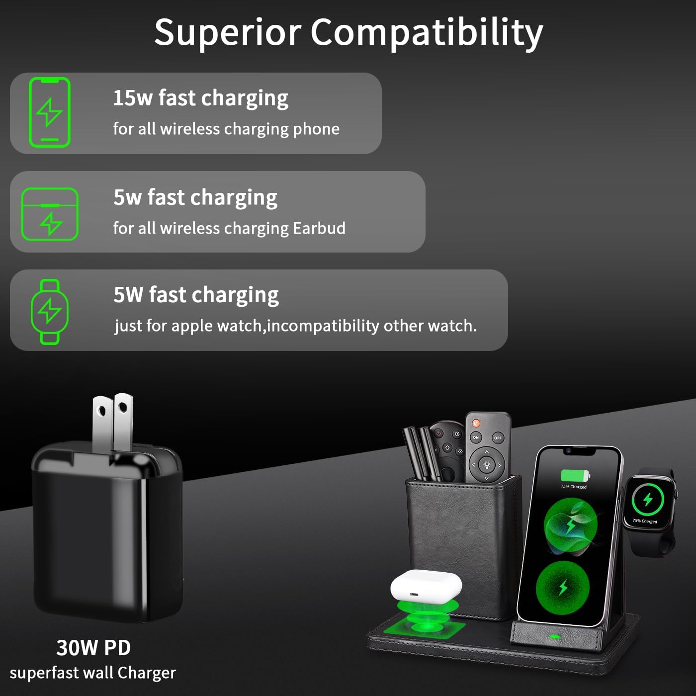 Office Supplies Desk Accessories,Pen Holder Remote Control Holder, Organizer with Phone Charger,Nightstand Desktop Organizer,Black Leather Desk Organizer With Charging Station (black)