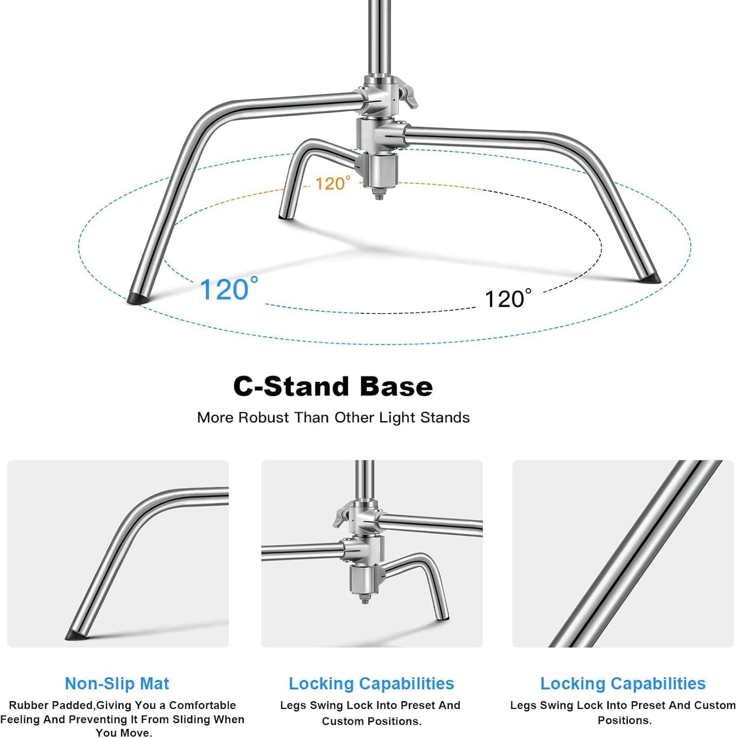 Soonpho Adjustable 10ft/3.3m Heavy Duty Light Stand with Boom Arm and Wheels,100% Stainless Steel Reflector C-Stand with Grip Head & Sandbag &Clamps,for Studio Video Reflector,Monolight,Softboxes