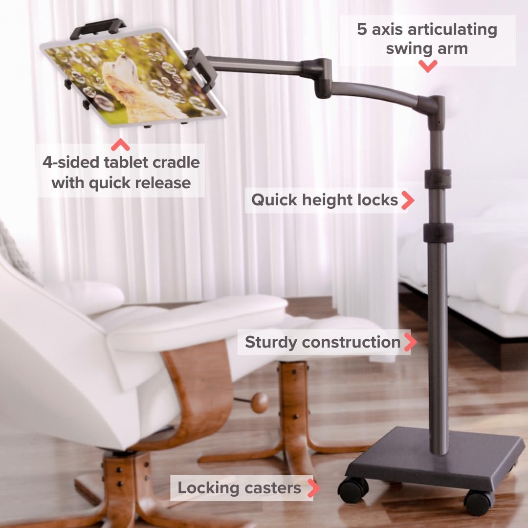 LEVO G2 Deluxe Premium Tablet Floor Stand with Long Extension Arm – Adjustable Rolling iPad Holder & Mobile Cart for Bed, Sofa, or Office–Ergonomic 5-Axis Arm, 30–56″ Height, Fits up to 13.5″ Devices
