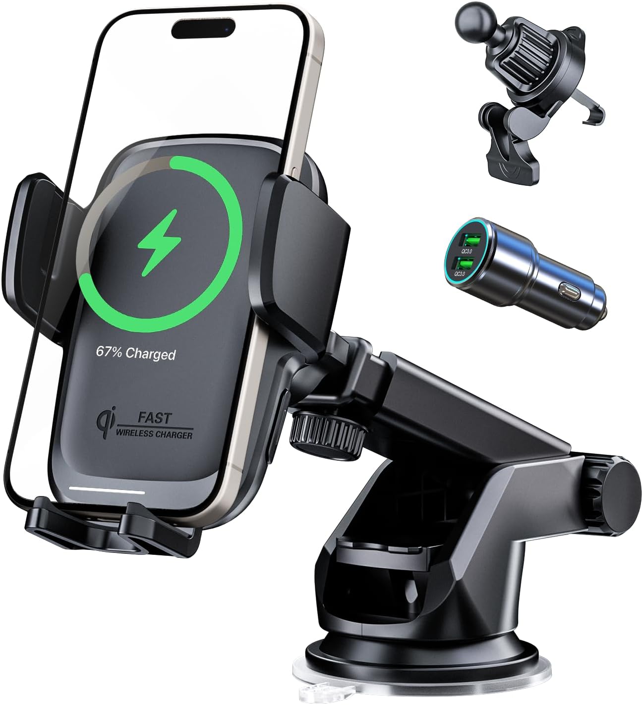 KPON Wireless Charger for Car, Car Phone Holder Charger Mount Qi Certified Auto Clamping 15W Fast Charging for Dashboard Air Vent Windshield Mount for Samsung Galaxy/iPhone 16 15 14 13 12 /Google/LG