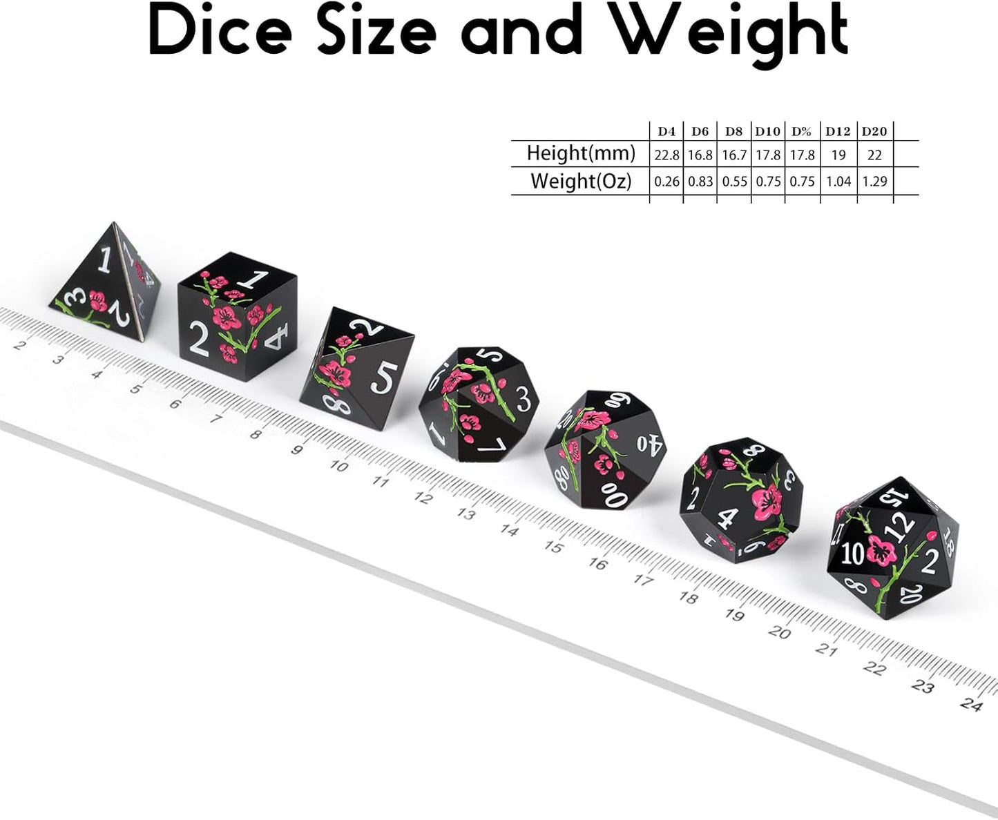 Metal Dice Set D&D, DNDND 7 PCS Flower Metallic DND Dice Set with Grogeous Gift Case for Dungeons and Dragon Tabletop Game (Matte Black with Pink Flower)