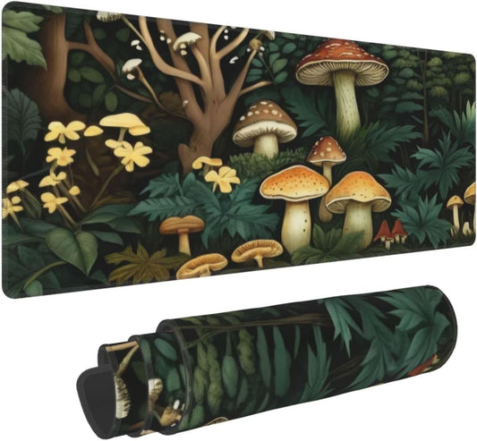 Gaming Mouse Pad, Large Non-Slip Rubber Base Mousepad, Keyboard Mouse Mat, Desk Pad with Stitched Edges, 31.5x11.8inch, Mushroom Forest