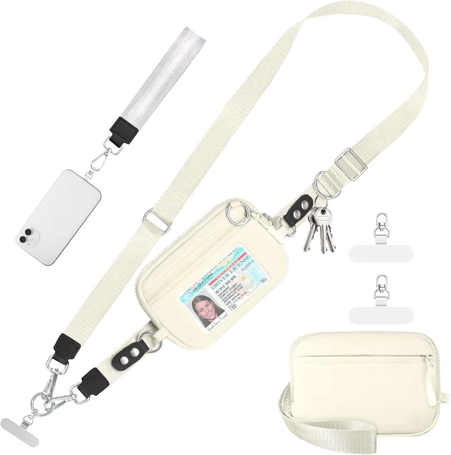 Clip and Go Strap for Phone with Wallet Crossbody Phone Lanyard Adjustable and Detachable RFID Wristlet Wallet with ID Window and Zipper, Beige