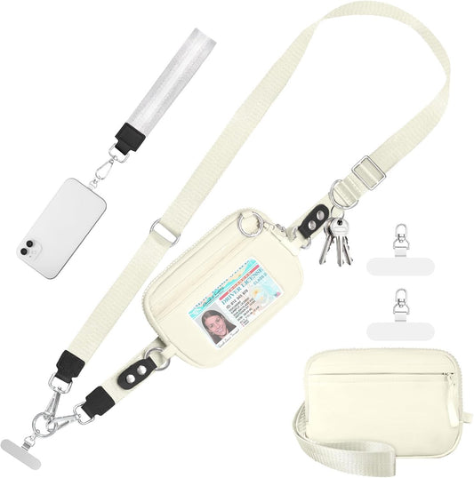 Clip and Go Strap for Phone with Wallet Crossbody Phone Lanyard Adjustable and Detachable RFID Wristlet Wallet with ID Window and Zipper, Beige