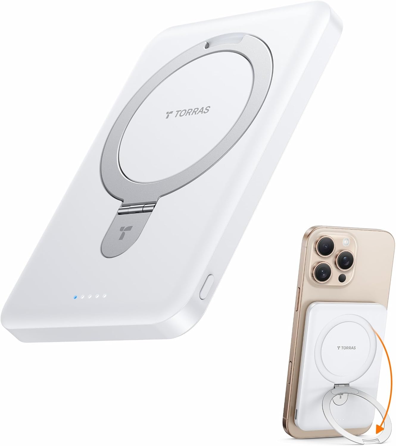 TORRAS 0.45" Slim Magnetic Portable Charger Power Bank for iPhone 5000 mAh 22.5W PD Fast Charging Wireless Battery Pack O Stand Compatible with Magsafe, i Phone 16 Pro Max, Pro,15,14,13,12, White