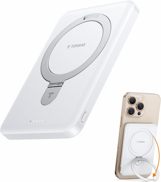 TORRAS 0.45" Slim Magnetic Portable Charger Power Bank for iPhone 5000 mAh 22.5W PD Fast Charging Wireless Battery Pack O Stand Compatible with Magsafe, i Phone 16 Pro Max, Pro,15,14,13,12, White