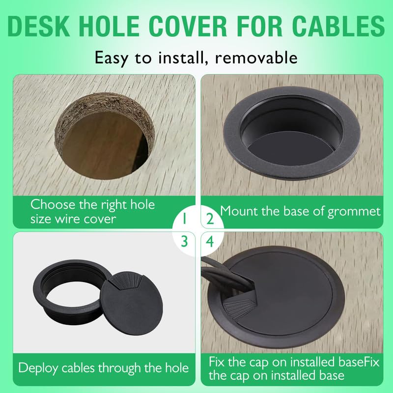 5 Pcs Desk Grommet 2-1/16" / 53 mm, Desk Cord Hole Cover, Cable Grommet ABS Plastic, Desk Hole Grommet for Home & Office Pc, Detachable Adjustable Cable Cord Organizer-Black