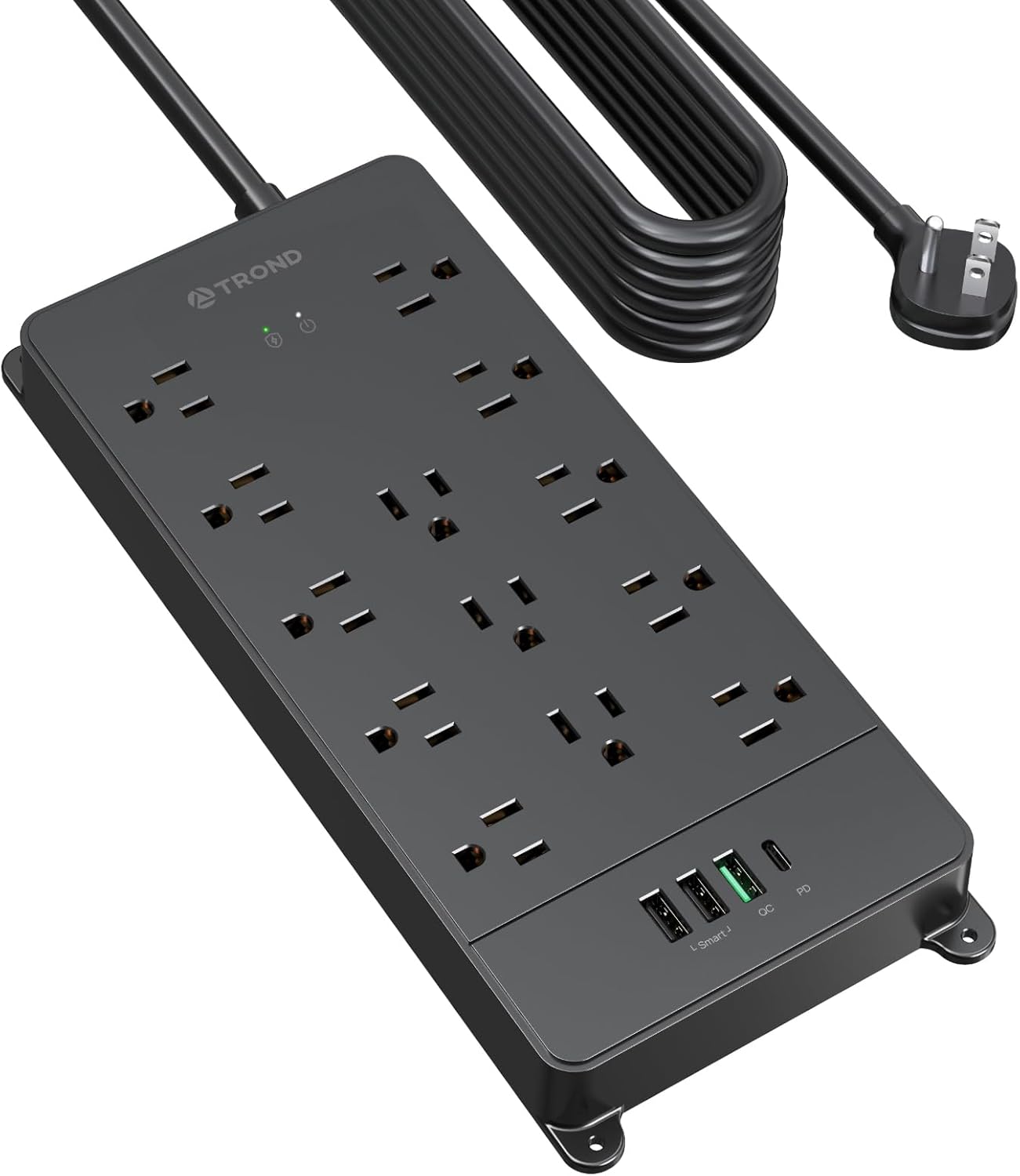 TROND Surge Protector Power Strip 15 ft, Flat Plug Extension Cord with 32W USB C & QC 3.0 Charger, 4000 Joules, ETL Listed, 13 Wide Spaced Outlets, Heavy Duty, Wall Mount for Home Office, Black